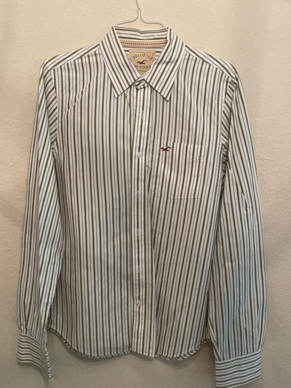 Hollister Men’s White Shirt with Olive Stripe